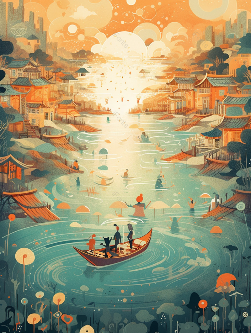 中国风建筑房屋湖面木船滑行观光手绘背景,插画/手绘图,插画/手绘图库,插画/手绘图下载,插画/手绘